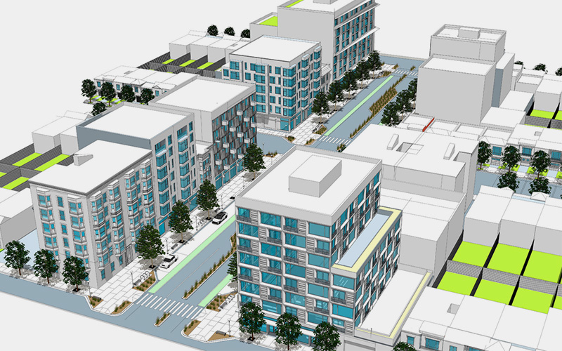 Rendering of buildings along a major corridor from the San Francisco Design Standards. Image credit: SF Planning.